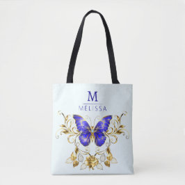 Chic Golden Blume & Blue Schmetterlinge mit Monogr Tasche
