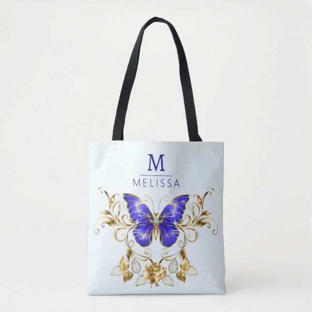 Chic Golden Blume & Blue Schmetterlinge mit Monogr Tasche (Vorderseite)