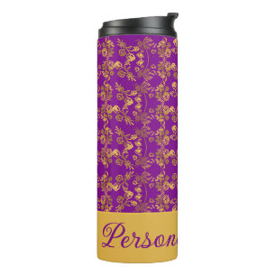 Chic Golden Blume lila Muster PERSONALISIERT Thermosbecher