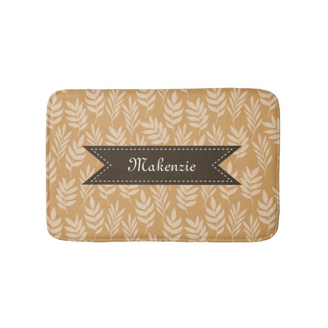 Chic Golden Brown Blätter Muster mit Namen Badematte (Vorderseite)