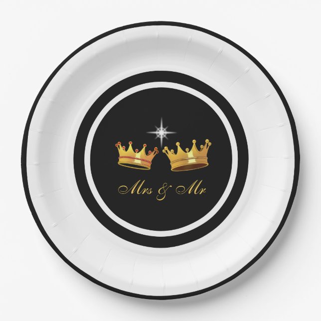 Chic Golden Crowns on Black & White Wedding Pappteller (Vorderseite)