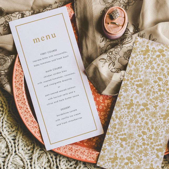 Chic Golden Ditzy Floral Wedding Menükarte (Ditzy watercolor floral wedding menu.)