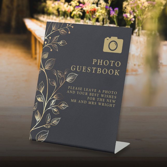 Chic Golden Floral Foto Gästebuch Hochzeit Sockelschild (Chic Golden Floral Photo Guest Book Wedding Pedestal Sign)