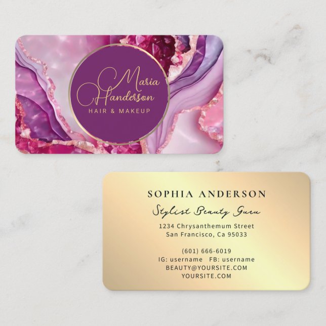 Chic Golden Logo Funkelnd & Lila Agate Glitzer Visitenkarte (Vorne/Hinten)