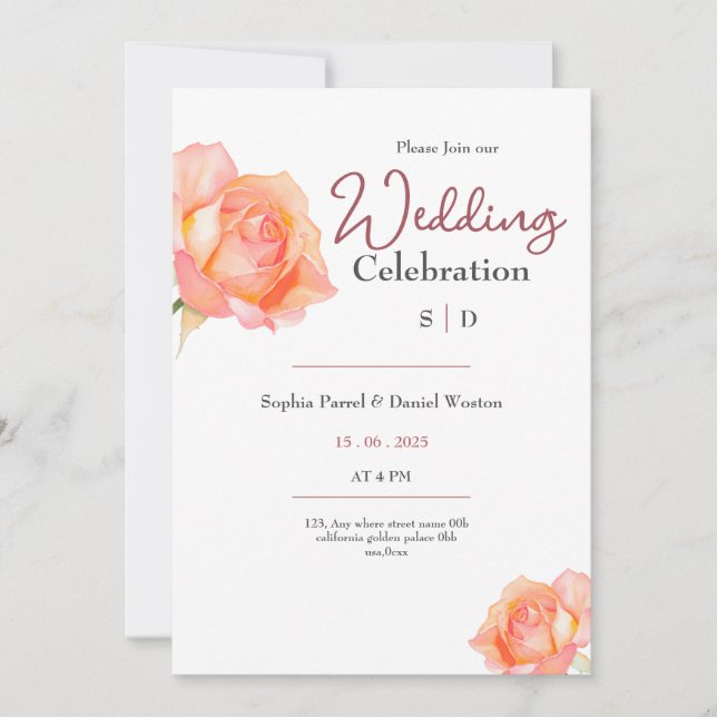 Chic golden peach blush roses wedding invitation einladung (Vorderseite)