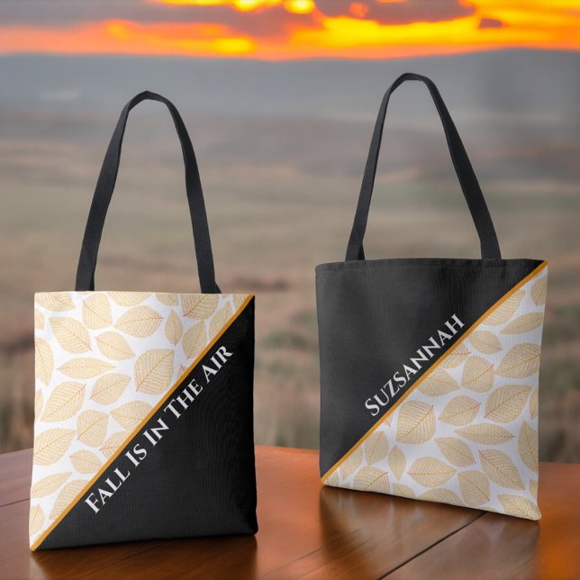 Chic Golden Yellow Leaf Pattern auf einem Diagonal Tasche (front and back of template test tote)