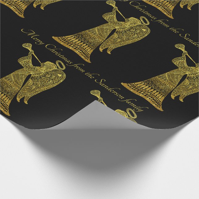 Chic-Goldengel auf schwarzem personalisiertem Geschenkpapier (Ecke)