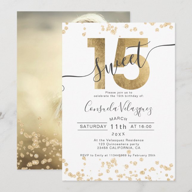 Chic Goldfolie Konfetti Weiß Quinceanera Foto Einladung (Vorne/Hinten)