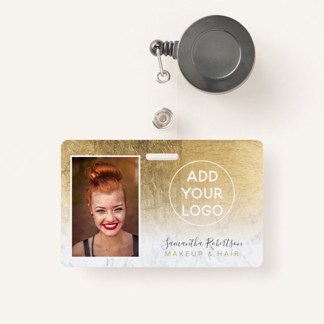 Chic Goldfolie Marmor Logo Logos Mitarbeiter Foto  Ausweis (Vorderseite mit Rechteck)