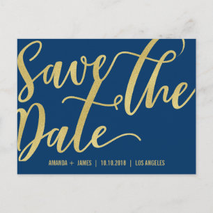 CHIC-GOLDskript-SAVE THE DATE MITTEILUNGS-BLAU Ankündigungspostkarte