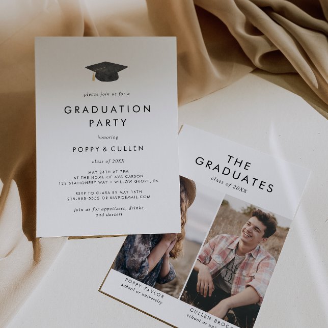 Chic Grad Cap Foto Double Graduation Party Einladung (Von Creator hochgeladen)
