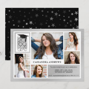Chic GRAD Cap & Year   Gestricktes Silber   5-Foto Einladung