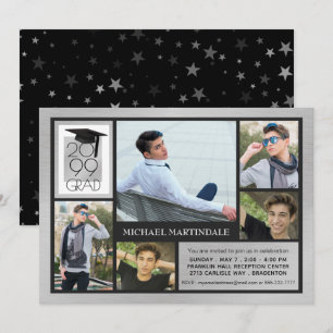 Chic GRAD Cap & Year   Gestricktes Silber   5-Foto Einladung
