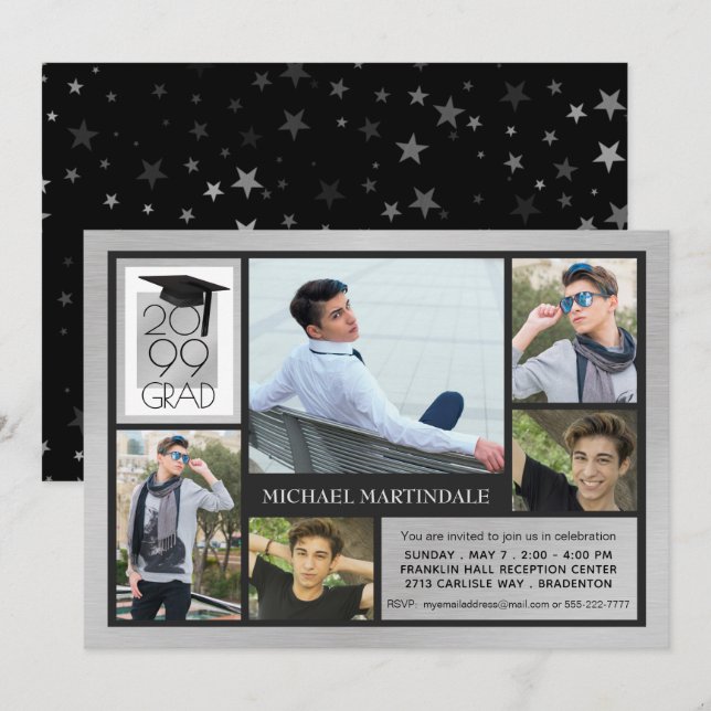 Chic GRAD Cap & Year | Gestricktes Silber | 5-Foto Einladung (Vorne/Hinten)