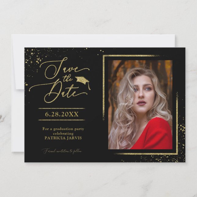 Chic Grad Party Save the Date Gold Glitzer Foto Einladung (Vorderseite)