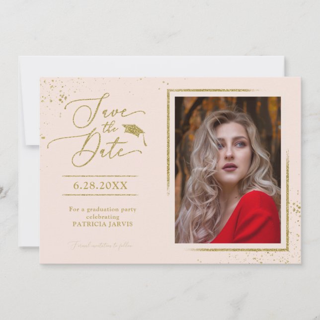 Chic Grad Party Save the Date Gold Glitzer Foto Einladung (Vorderseite)