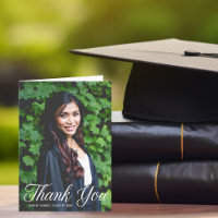 Chic Graduation Photo White Script Thank You Card