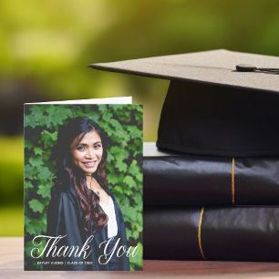 Chic Graduation Photo White Script Thank You Card Dankeskarte