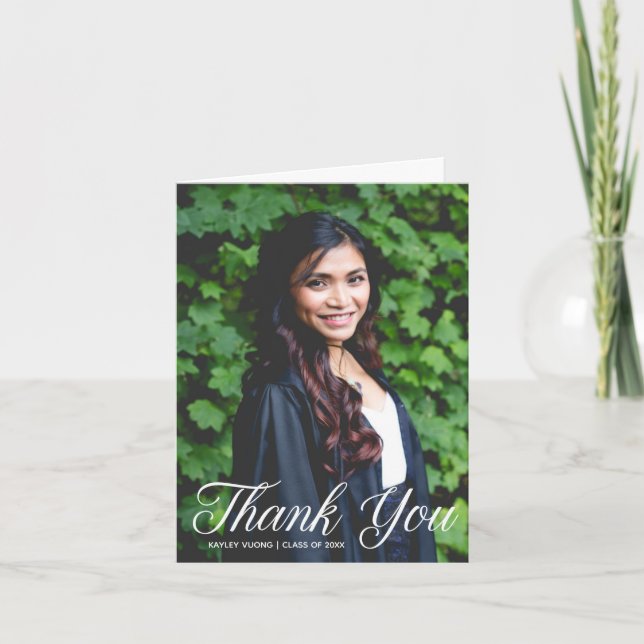 Chic Graduation Photo White Script Thank You Card Dankeskarte (Vorderseite)