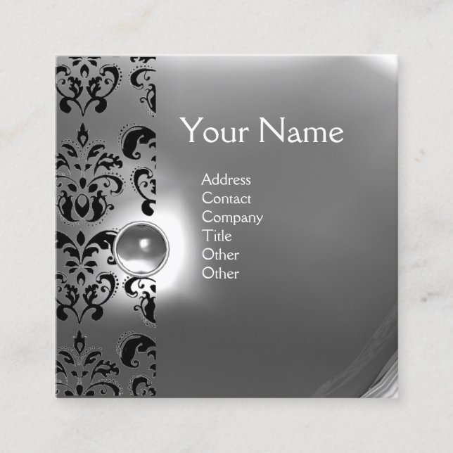 CHIC GRAU SCHWARZ-WEISS DAMASK GEMSTONE MONOGRAM QUADRATISCHE VISITENKARTE (Vorderseite)