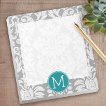 Chic Grau und Aquamarin Damask Muster Custom Monog Notizblock<br><div class="desc">Fügen Sie Ihre Monogramme zu diesen trendigen und femininen Blumendamasken mit beliebten Farben hinzu. Der Damast hat einen skurrilen Chalkboard-Look.</div>