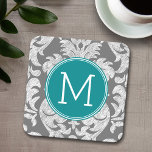 Chic Grau und Aquamarin Damask Muster Custom Monog Rechteckiger Pappuntersetzer<br><div class="desc">Fügen Sie Ihre Monogramme zu diesen trendigen und femininen Blumendamasken mit beliebten Farben hinzu. Der Damast hat einen skurrilen Chalkboard-Look.</div>