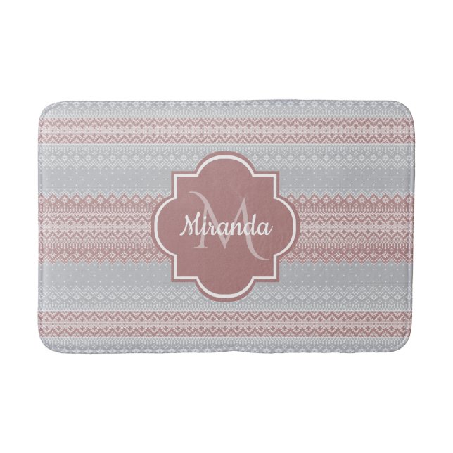 Chic Grau und Dusky Pink Strick Streifen und Monog Badematte (Vorderseite)