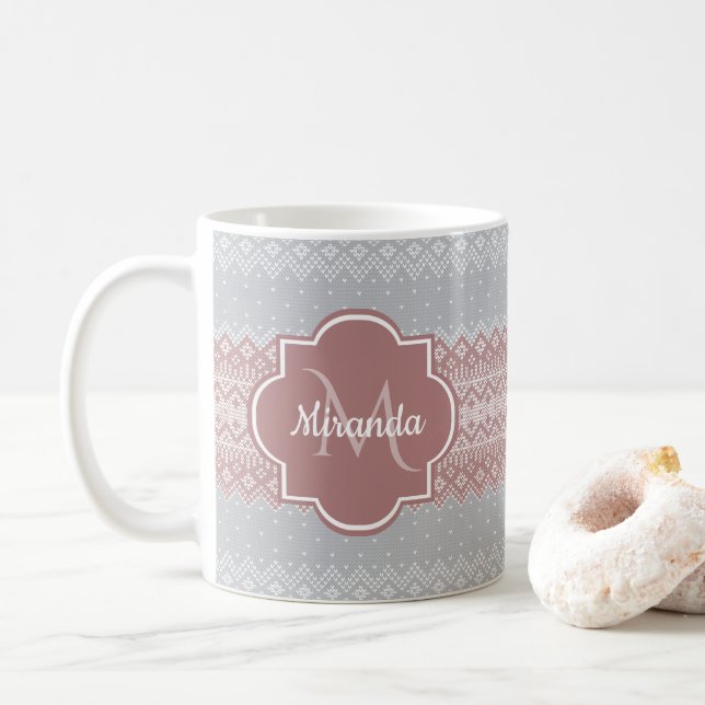Chic Grau und Dusky Pink Strick Streifen und Monog Kaffeetasse (Mit Donut)
