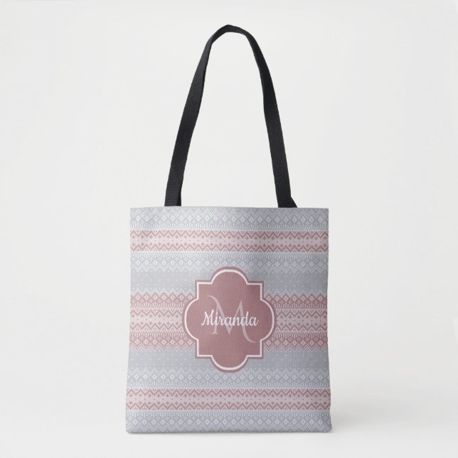 Chic Grau und Dusky Pink Strick Streifen und Monog Tasche (Vorderseite)