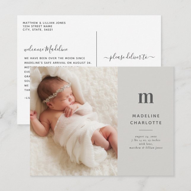 Chic Gray 1-Foto Geburtshinweis Postkarte (Vorne/Hinten)