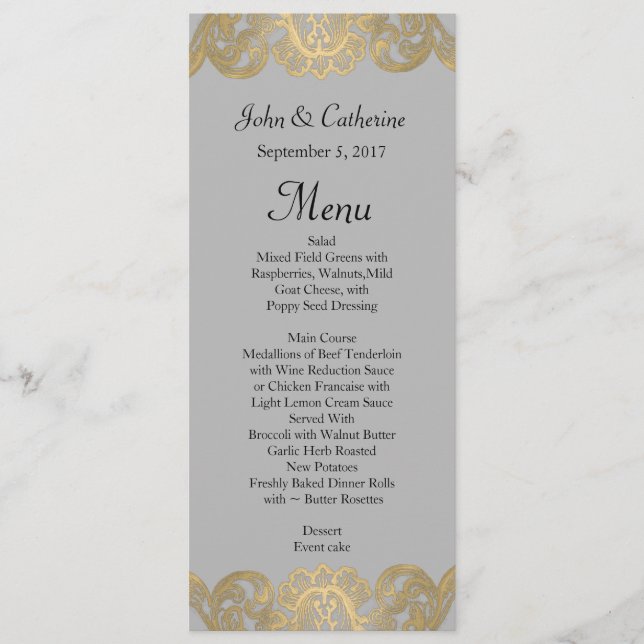 Chic Gray and Gold Wedding Menu Menükarte (Vorderseite)