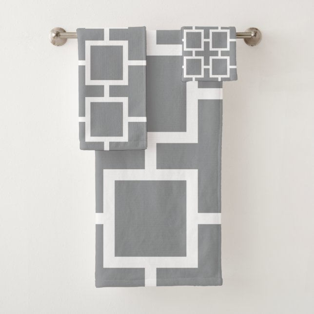 Chic Gray and White Geometric Square Pattern Badhandtuch Set (Insitu)