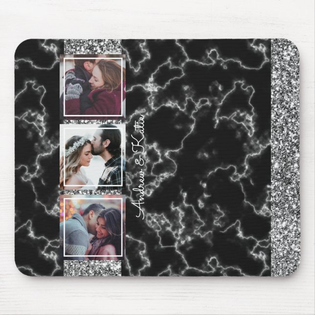 Chic Gray & Black Marble 3 Foto Collage anpassen Mousepad (Vorne)