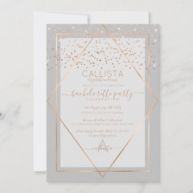 Chic Gray Gold Confetti Border Bachelorette Einladung (Vorderseite)