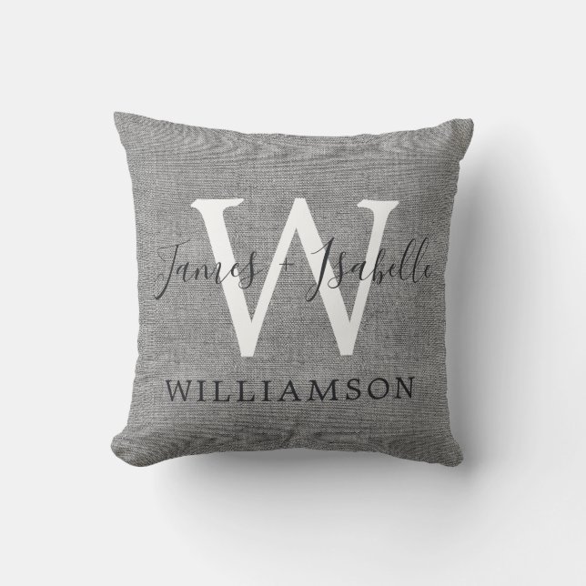 Chic Gray Linen New Monogram Wedding Keepake Kissen (Vorderseite)