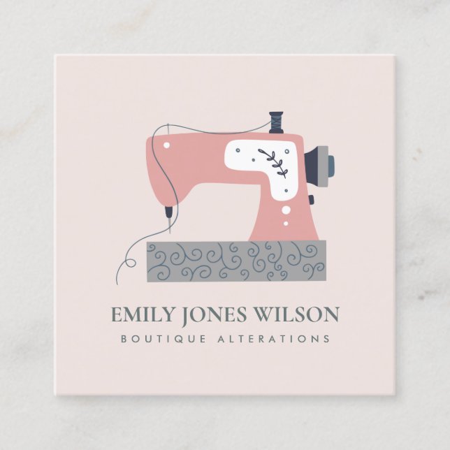 CHIC GRAY PEACH BLUSH PINK SEWMASCHINE TAILOR QUADRATISCHE VISITENKARTE (Vorderseite)
