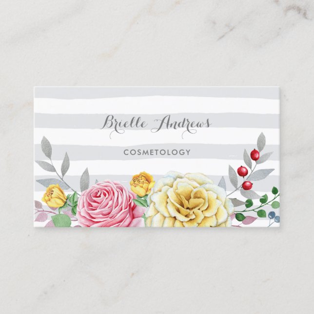 Chic Gray Streifen Rosa und Gelb Rose Blüte Visitenkarte (Vorderseite)