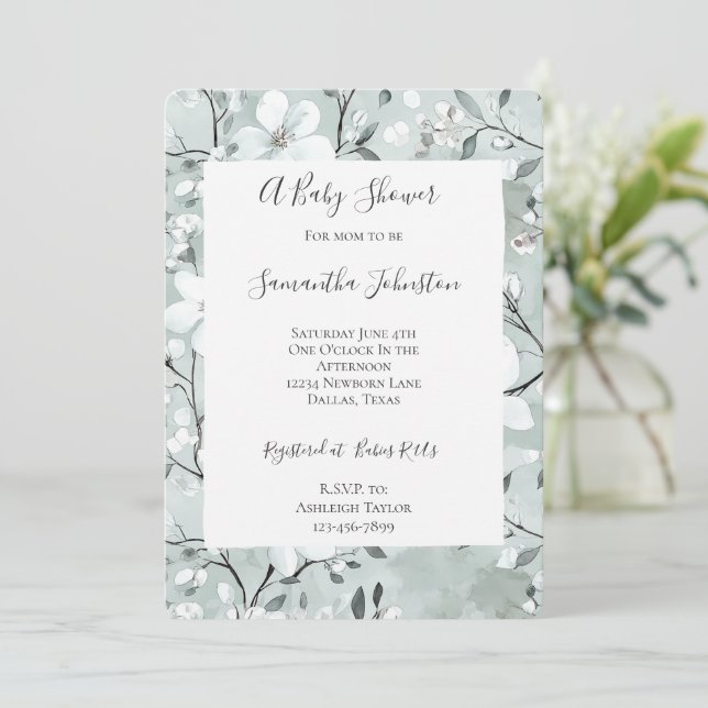 Chic Gray White Blume Babydusche Einladung (Stehend Vorderseite)