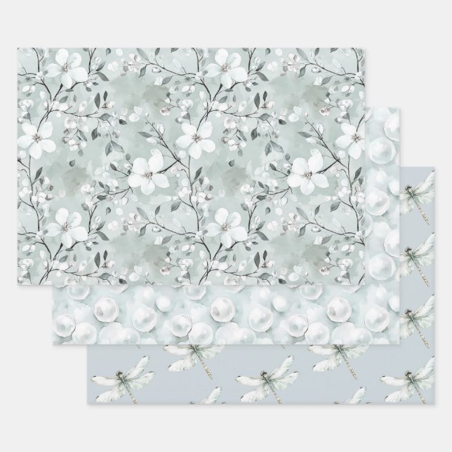 Chic Gray White Blume Dragonflies Brautparty Geschenkpapier Set (Set)