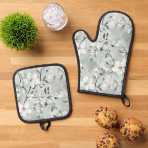 Chic Gray White Blume Ofenhandschuh & Topflappen-Set
