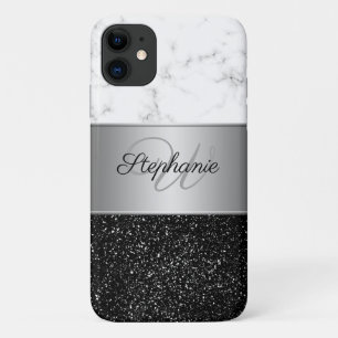 Chic Gray White Marble Black Glitzer Monogram Case-Mate iPhone Hülle