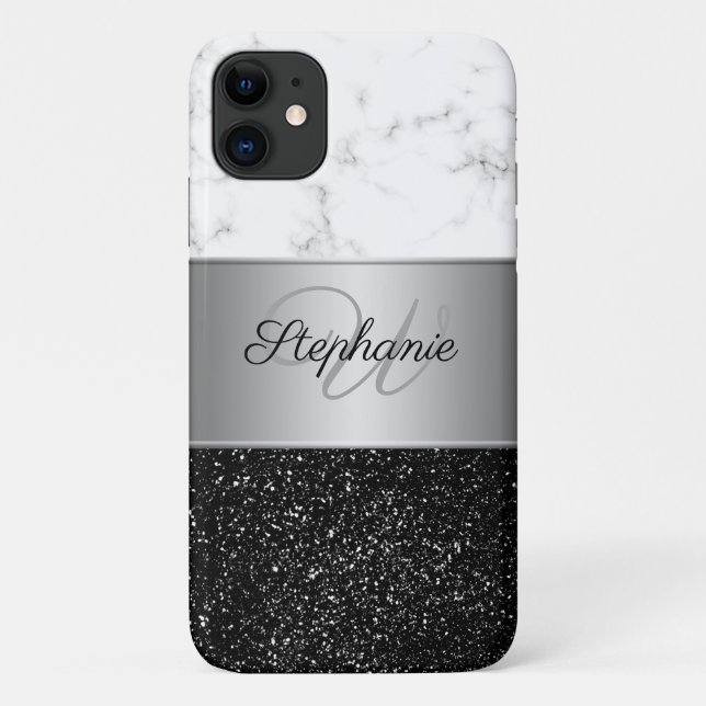 Chic Gray White Marble Black Glitzer Monogram Case-Mate iPhone Hülle (Rückseite)