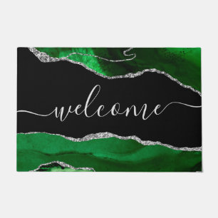 Chic Green Agate Silver Glitzer Script Willkommen Fußmatte