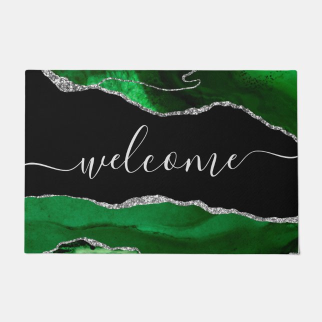 Chic Green Agate Silver Glitzer Script Willkommen Fußmatte (Vorderseite)