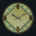 Chic Green & Black Art Deco Lüftermuster Monogramm Große Wanduhr<br><div class="desc">Eine Wanduhr aus atemberaubendem Deko mit Fächerdekor in typischen Stilgold-,  Smaragd- und Schwarzfarben. Sie können das Monogramm leicht personalisieren,  das die 6 auf dem Rad elegant ersetzt,  je nach Bedarf. Ein originelles Design,  das exklusiv bei ©Oh_Nostalgia online shop erhältlich ist. Alle Rechte vorbehalten.</div>