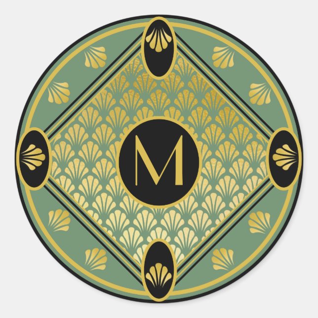 Chic Green & Black Art Deco Lüftermuster Monogramm Runder Aufkleber (Vorderseite)