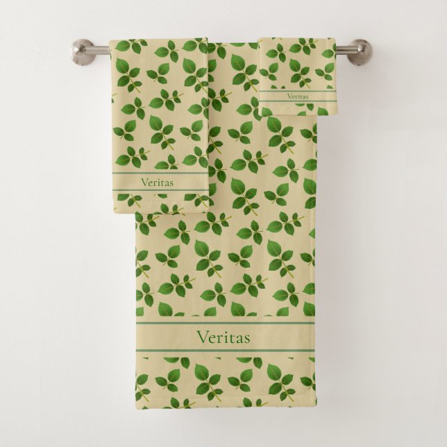 Chic Green Blätter auf Lucky Beige Badhandtuch Set (Insitu)