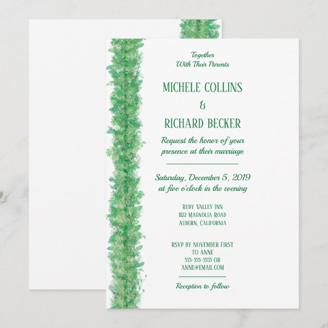 Chic Green Botanical Border Wedding Einladung (Vorne/Hinten)