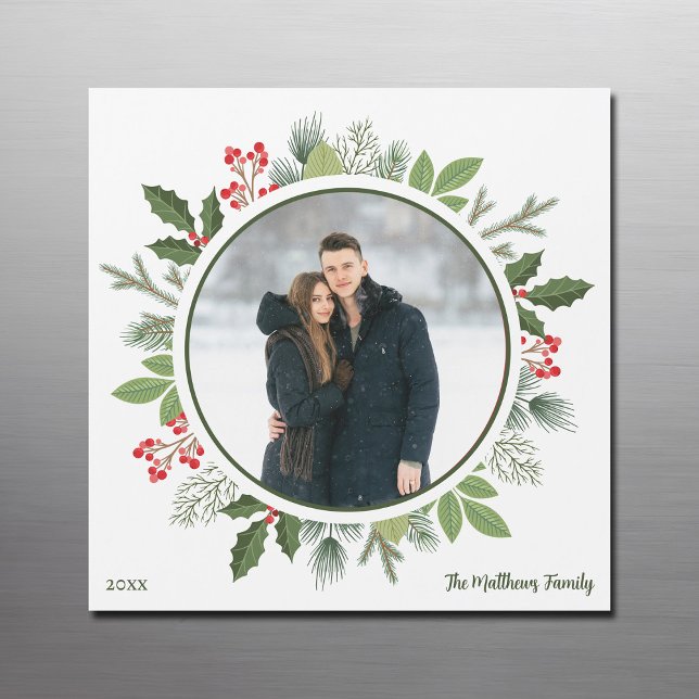 Chic Green Christmas Wreath Foto Magnet Card (Von Creator hochgeladen)