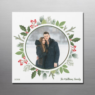 Chic Green Christmas Wreath Foto Magnet Card